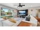 Relaxing living room offers backyard views, modern ceiling fan and comfortable seating near the sparkling pool at 8730 E Montecito Ave, Scottsdale, AZ 85251