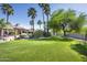Expansive backyard features lush lawn, mature trees, rock waterfall, and a glimpse of the inviting pool area at 12820 N 83Rd Pl, Scottsdale, AZ 85260