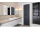 Modern bathroom with long vanity, rectangular sink, large mirror, and built-in shelving at 26099 N 88Th Way, Scottsdale, AZ 85255
