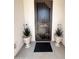 Inviting entryway with security screen door and decorative potted plants flanking the entrance at 27636 W Runion Dr, Buckeye, AZ 85396