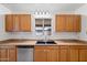Kitchen featuring wood cabinets, stainless steel dishwasher, and a sink overlooking the yard at 2913 E Earll Dr, Phoenix, AZ 85016