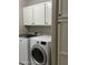 Laundry room with front loading washer and dryer and built-in cabinets for storage at 6631 E Rhodes St, Mesa, AZ 85215