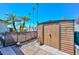 Backyard shed featuring a wooden door and palm trees, providing ample storage in a serene outdoor space at 635 W Gable Ave, Mesa, AZ 85210