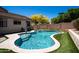 Sparkling backyard pool with artificial turf and surrounding patio, perfect for outdoor enjoyment at 9052 E Hobart St, Mesa, AZ 85207