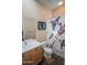 Bathroom featuring a tub/shower with a dinosaur-themed shower curtain, single sink vanity, and artwork at 14045 E Geronimo Rd, Scottsdale, AZ 85259