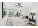 Bright bedroom featuring a plush bed, stylish nightstands, modern ceiling fan, and wood flooring at 4220 N 32Nd St # 7, Phoenix, AZ 85018