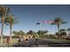Active community with residents biking on a road lined with palm trees and flags at 720 E Cobble Stone Dr, Queen Creek, AZ 85140