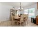 Dining room with a chandelier, built in hutch and view to the pool at 1017 S San Jose Cir, Mesa, AZ 85202