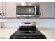 Close-up view of the stainless steel stove and microwave above with a white backsplash at 12627 N 25Th Ave, Phoenix, AZ 85029