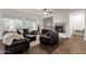 Inviting living room showcasing a cozy fireplace and comfortable leather furniture at 1356 E Flamingo Ct, Gilbert, AZ 85297