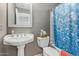 Bathroom featuring a pedestal sink and shower with a bright, decorative curtain at 1803 E Palm Beach Dr, Chandler, AZ 85249