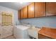 Functional laundry room features upper cabinets, a utility sink, and a convenient side door at 1156 E Brenda Dr, Casa Grande, AZ 85122