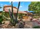 Backyard view featuring a custom outdoor kitchen and patio complemented by lush desert landscaping at 401 N Cholla St, Chandler, AZ 85224