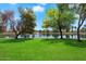 Scenic view of the community lake with a fountain and lush green surroundings under a bright blue sky at 401 N Cholla St, Chandler, AZ 85224