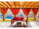 Covered patio overlooking the backyard pool with red drapes offering an elegant touch to the outdoor space at 4804 S Elm St, Tempe, AZ 85282