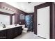 Bathroom with double sink vanity, and a shower with a stylish patterned curtain at 1120 N Val Vista Dr # 110, Gilbert, AZ 85234