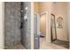 Tiled walk-in shower adjacent to an open space leading into a full bathroom with classic decorative mirror at 3060 E Hope St, Mesa, AZ 85213