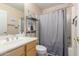 Well-lit bathroom with a sink, mirror, toilet, and a shower with a curtain at 3060 E Hope St, Mesa, AZ 85213