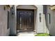 Elegant arched front door featuring decorative glass and stylish exterior lighting fixtures at 3060 E Hope St, Mesa, AZ 85213