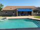 Inviting backyard pool with a blue awning covered patio perfect for entertaining guests and relaxing by the water at 3060 E Hope St, Mesa, AZ 85213