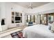 Bright main bedroom featuring a fireplace, large windows with views, and neutral decor at 10822 E Prospect Point Dr, Scottsdale, AZ 85262
