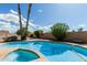 Backyard featuring a pool with a spa surrounded by mature trees at 1207 E Clearview Dr, Casa Grande, AZ 85122