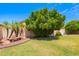Lush backyard featuring mature trees, a stone bench, and manicured landscaping for a serene outdoor setting at 1432 W Hopi Dr, Chandler, AZ 85224