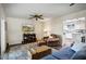 Cozy living room featuring a ceiling fan, comfortable seating, wood flooring, and an open floorplan at 2846 E Lupine Ave, Phoenix, AZ 85028