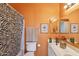 Colorful bathroom with a white vanity, zebra-striped shower curtain, and ample lighting at 3544 N Paseo Del Sol --, Mesa, AZ 85207