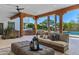 Inviting outdoor living space with comfortable seating, stone fireplace, and a view of the pool at 6648 E Horseshoe Rd, Paradise Valley, AZ 85253