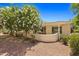 Exterior backyard view with mature flowering trees, hardscape accents, and a covered patio at 13134 W Los Bancos Ct, Sun City West, AZ 85375