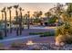 Evening view of a community featuring palm trees, desert landscaping, and illuminated homes at 22208 N San Ramon Dr, Sun City West, AZ 85375