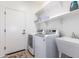 Well-equipped laundry room with modern washer, dryer, utility sink, and ample shelving for storage at 41202 N Rolling Green Way, Anthem, AZ 85086