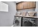 Functional laundry room with modern washer and dryer, overhead cabinets, and practical storage solutions at 4232 S 103Rd Ln, Tolleson, AZ 85353