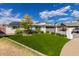 Inviting front yard featuring lush artificial grass, mature landscaping, and a paved driveway leading to the attached garage at 11025 N 45Th Ln, Glendale, AZ 85304