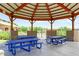 A community pavilion featuring a metal roof, support beams, and several picnic tables for outdoor enjoyment at 28834 N Spur Dr, San Tan Valley, AZ 85143