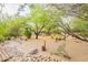 Beautiful backyard with gravel walkways, mature trees, and native desert plants, offering a serene outdoor escape at 39017 N Habitat Cir, Cave Creek, AZ 85331