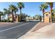 Gated community entrance with palm trees and meticulously maintained landscaping, offering privacy and curb appeal at 22504 N San Ramon Dr, Sun City West, AZ 85375