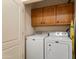 Convenient laundry area with front load washer and dryer plus built in cabinets for easy storage at 22504 N San Ramon Dr, Sun City West, AZ 85375