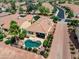 Overhead shot of a private yard featuring a kidney-shaped pool, patio, desert landscaping, and mature trees at 22504 N San Ramon Dr, Sun City West, AZ 85375