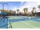 Outdoor tennis courts with a blue and green surface, surrounded by palm trees and overhead lighting at 22504 N San Ramon Dr, Sun City West, AZ 85375