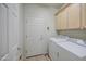 Functional laundry room featuring a washer, dryer, storage cabinets, and easy access to the garage at 27158 W Potter Dr, Buckeye, AZ 85396