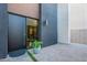 Modern home's elegant entryway with sleek door, textured wall, and potted plants at 6142 E Alta Hacienda Dr, Scottsdale, AZ 85251