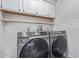 Modern laundry room with front-load washer and dryer and updated cabinets and shelves at 6459 E Sugarloaf St, Mesa, AZ 85215
