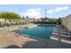Community swimming pool with lounge chairs, green landscaping and metal fence at 9721 E Juanita Ave, Mesa, AZ 85209