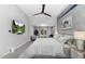 Relaxing bedroom with backyard view, textured wallpaper, and modern ceiling fan at 20274 N 76Th Way, Scottsdale, AZ 85255