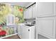 Bright laundry room with white cabinets, cactus wallpaper, and modern washer and dryer at 2400 E Baseline Ave # 228, Apache Junction, AZ 85119