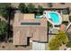 Stunning aerial view of a private backyard featuring a sparkling pool, lush landscaping, and a modern home with solar panels at 5543 W Kowalsky Ln, Laveen, AZ 85339