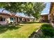 Picturesque backyard with manicured lawn, mature trees, and views of neighboring properties at 23813 S Pleasant Way, Sun Lakes, AZ 85248