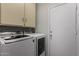 Functional laundry room with modern washer and dryer set and storage cabinets at 23813 S Pleasant Way, Sun Lakes, AZ 85248